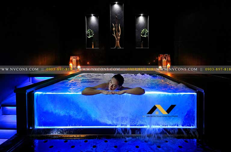 Bể sục jacuzzi vách kính cường lực sang trọng Bể sục jacuzzi vách kính cường lực sang trọng