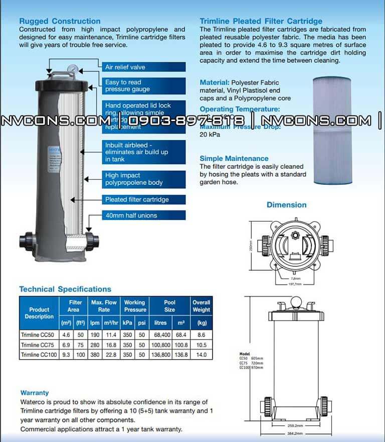 Bộ lọc giấy bể bơi Trimline Waterco Bộ lọc giấy bể bơi Trimline Waterco
