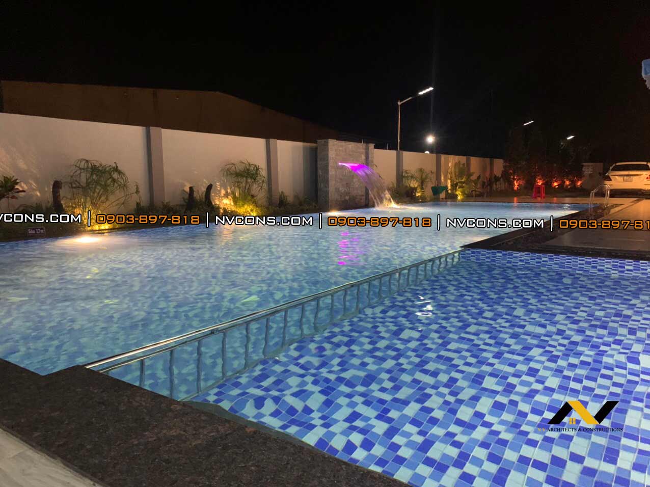 Thi công thác nước nghệ thuật hồ bơi gia đình là điểm nhấn trong đêm Thi công thác nước nghệ thuật hồ bơi gia đình là điểm nhấn trong đêm